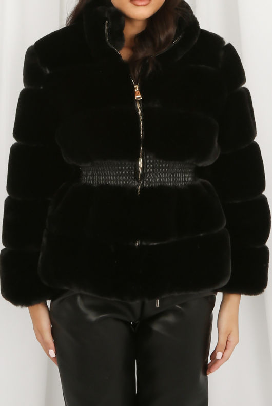 Black Faux Fur Elastic Waist Band Jacket