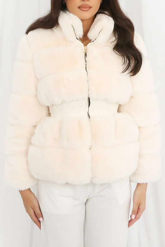 Creme Faux Fur Elastic Waist Band Jacket