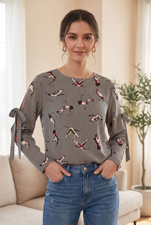 Black Crane Pattern Striped Blouse with Split Tie Sleeves