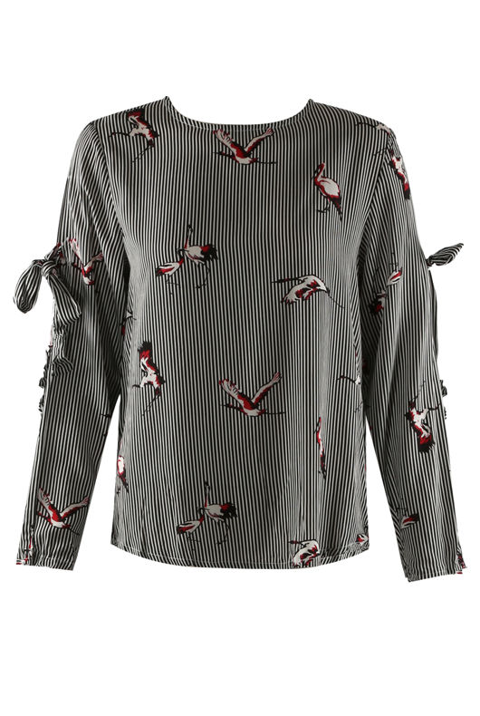 Black Crane Pattern Striped Blouse with Split Tie Sleeves