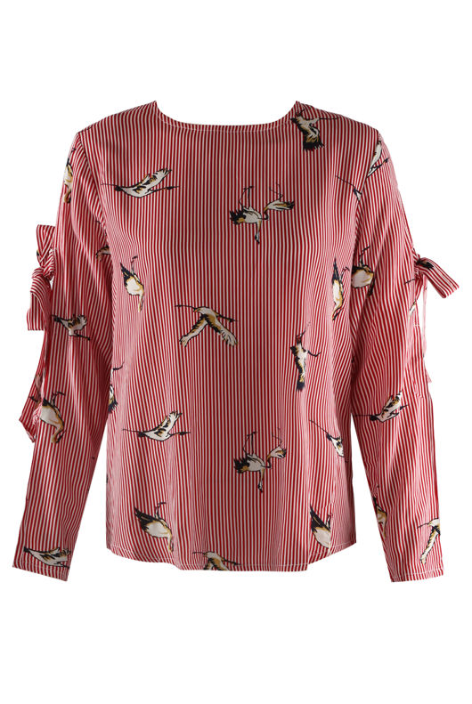 Red Crane Pattern Striped Blouse with Split Tie Sleeves