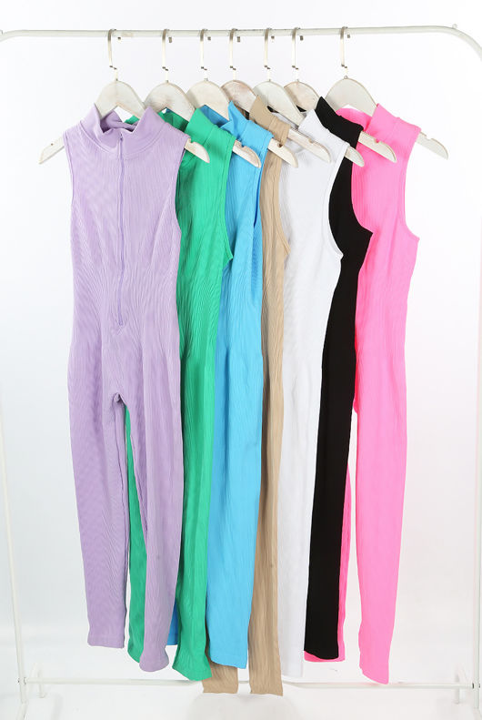 Pink Zip Front Ribbed Sleeveless Unitard