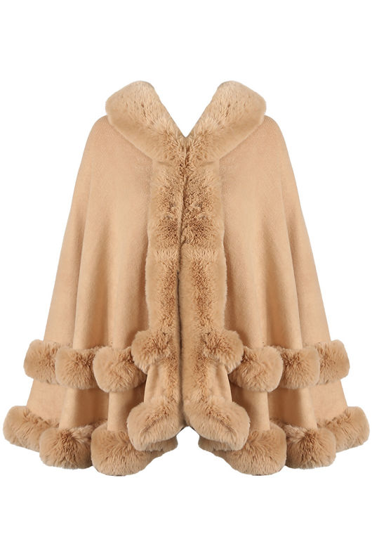 Camel Faux Fur Cape Shawl Pullover