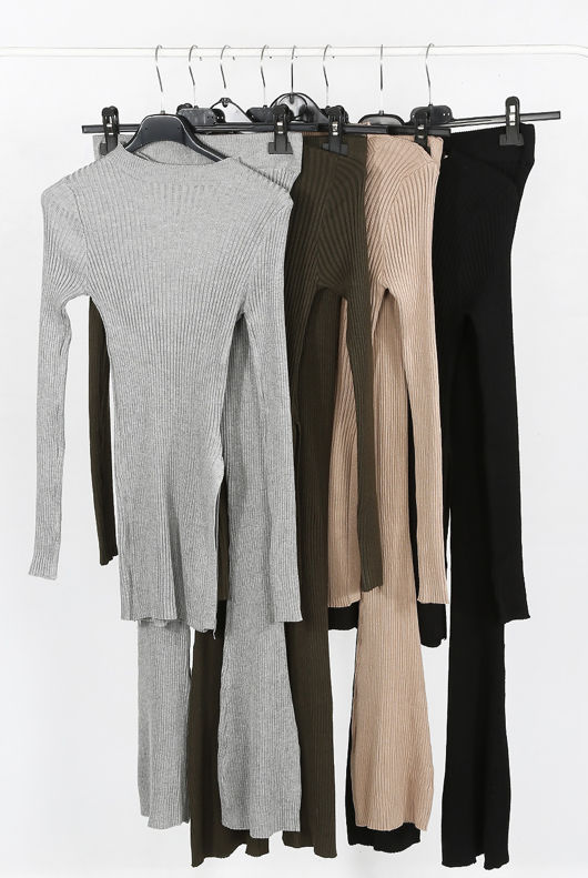 Grey Side Slit Knitted Round Neck Jumper & Trouser Set