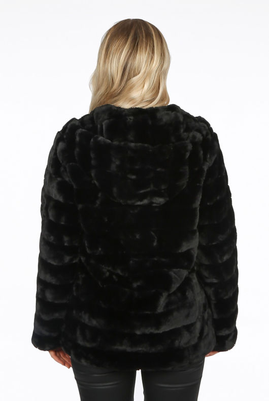 Black Simulated Fur Panels Hooded Coat