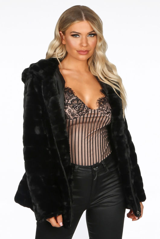 Black Simulated Fur Panels Hooded Coat