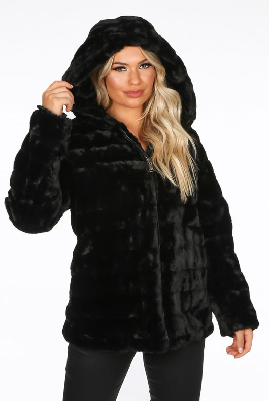 Black Simulated Fur Panels Hooded Coat