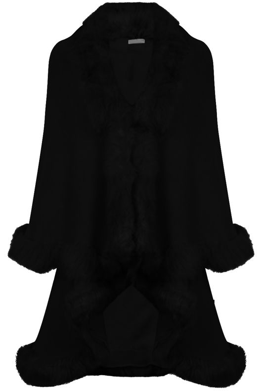 Plain Black Fur Trimmed Layered Cape 