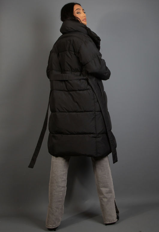 Black Long Padded Belted Puffer Coat