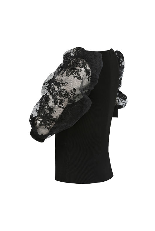 Black Floral Mesh Sleeve Ribbed Jumper