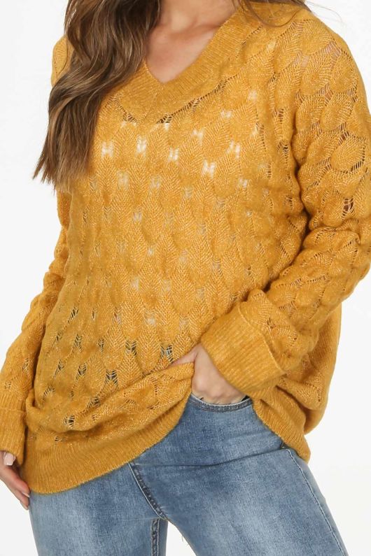 Mustard V Neck Textured Over Sized Jumper