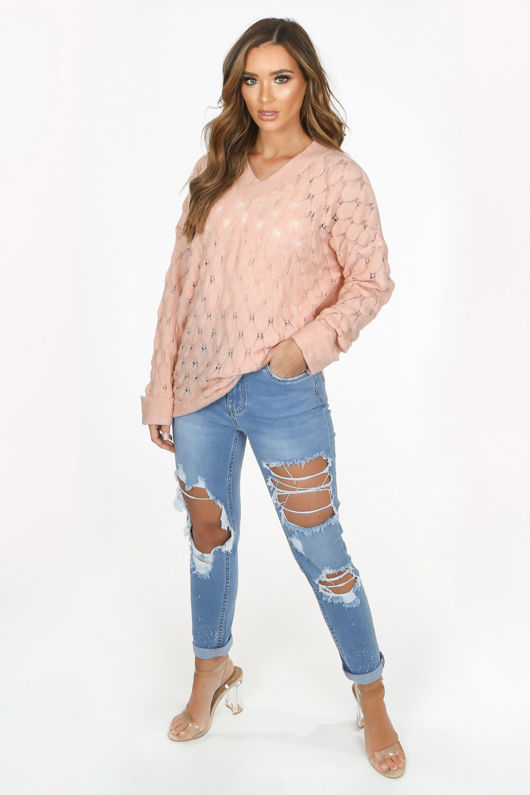 Pink V Neck Textured Over Sized Jumper
