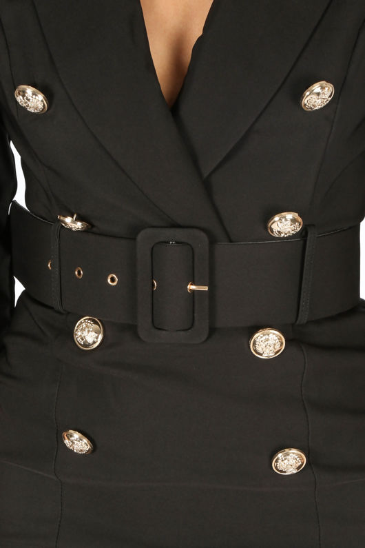 Black Long Sleeve Belted Blazer Midi Dress