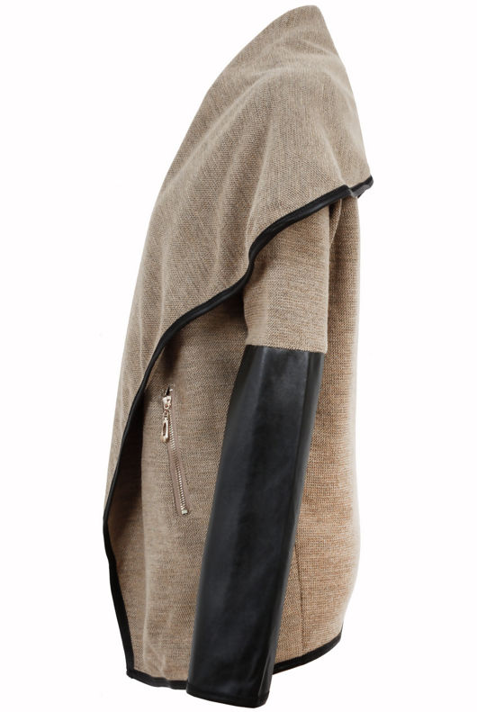 Beige Knitted Ruffle Around PVC Sleeved Jacket