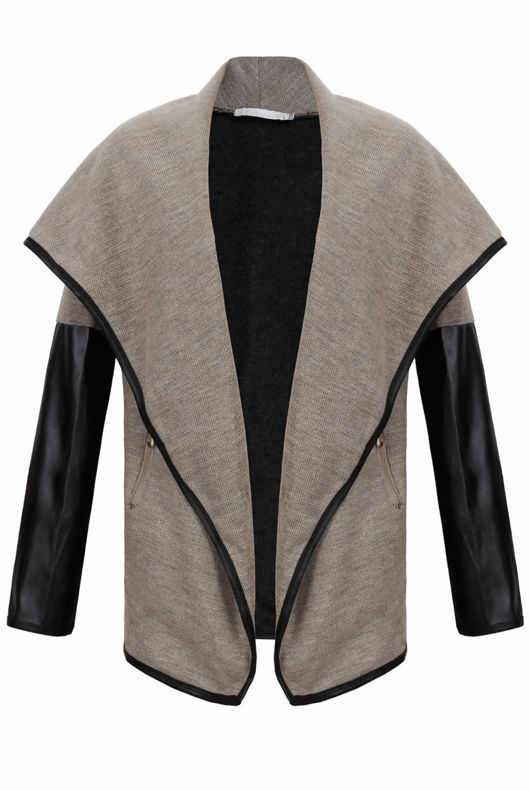 Stone Knitted Ruffle Around PVC Sleeved Jacket