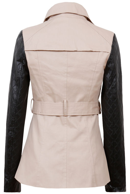 Beige Zip Detail Contrast PVC Sleeve Jacket 