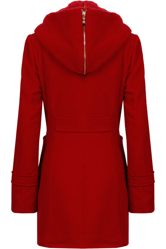 Red Elegant Button Up Fur Collar Hooded Trench Coat 
