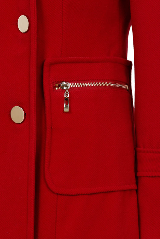 Red Elegant Button Up Fur Collar Hooded Trench Coat 