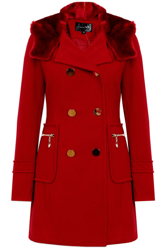 Red Elegant Button Up Fur Collar Hooded Trench Coat 