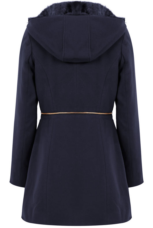 Navy Double Button Detail Fur Hooded Trench Coat