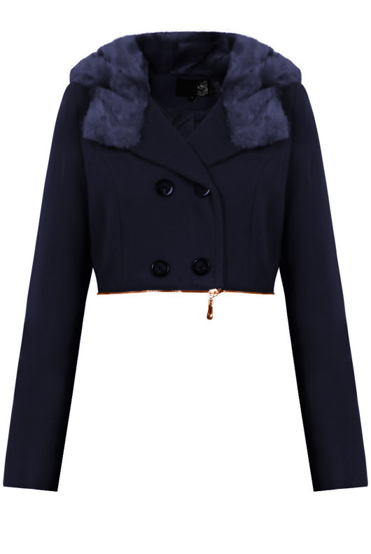 Navy Double Button Detail Fur Hooded Trench Coat