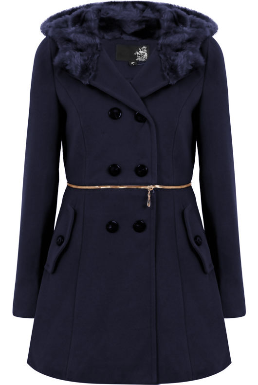 Navy Double Button Detail Fur Hooded Trench Coat