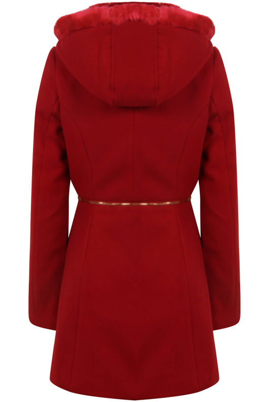 Red Double Button Detail Fur Hooded Trench Coat