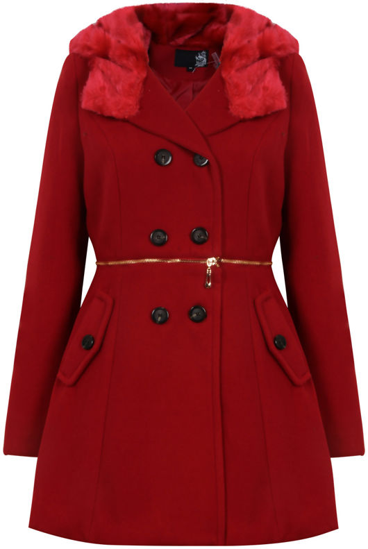 Red Double Button Detail Fur Hooded Trench Coat