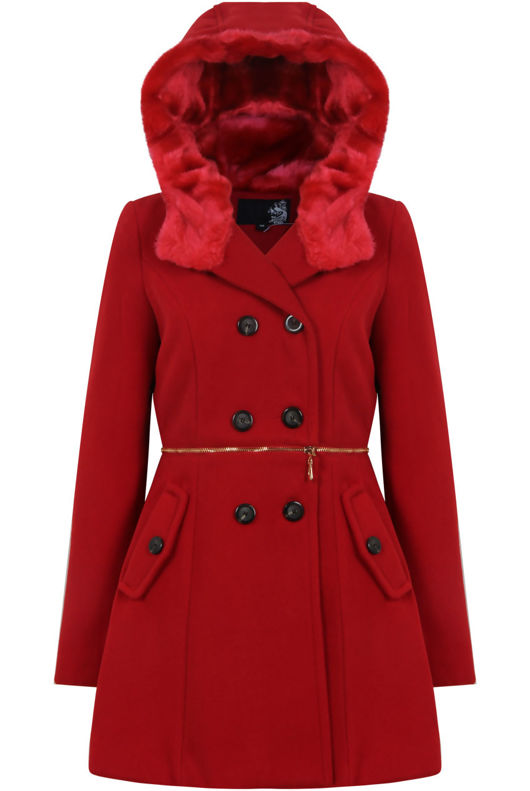 Red Double Button Detail Fur Hooded Trench Coat