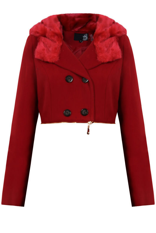 Red Double Button Detail Fur Hooded Trench Coat