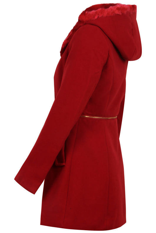 Red Double Button Detail Fur Hooded Trench Coat