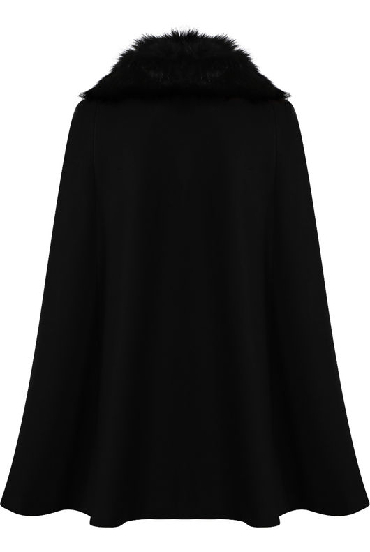 Black Fur Collar Wool Cape Overcoat