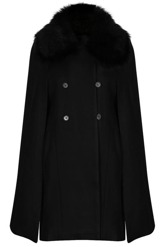 Black Fur Collar Wool Cape Overcoat