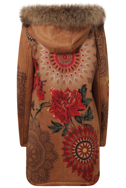 Camel Floral Printed Real Fur Hood Coat
