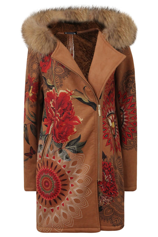 Camel Floral Printed Real Fur Hood Coat