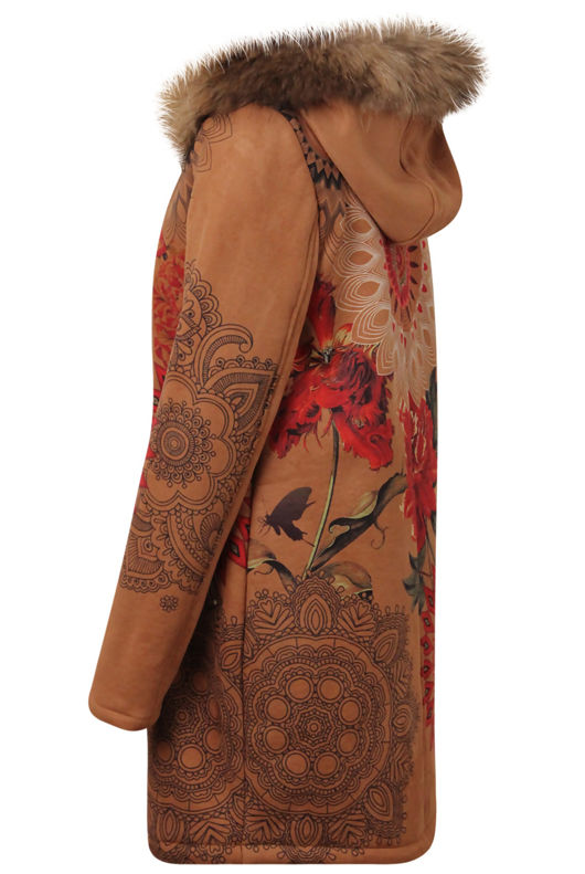 Camel Floral Printed Real Fur Hood Coat