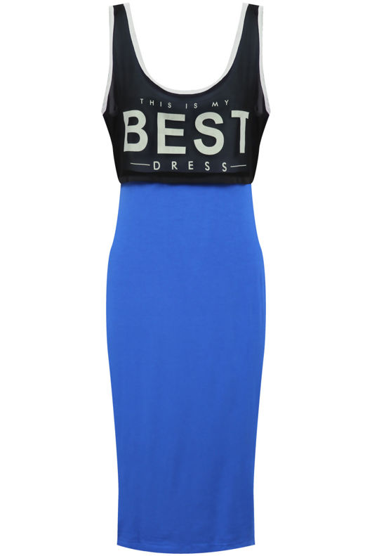Blue Contrast Colour Printed Midi Dress