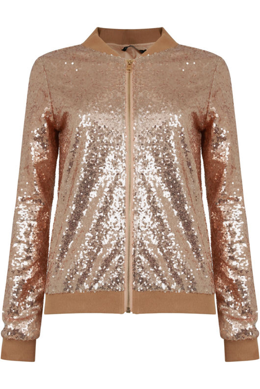 Beige Sequin Bomber Jacket