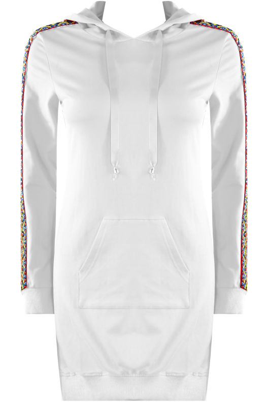 Cream Knitted Lace Trim Sleeves Hooded Dress