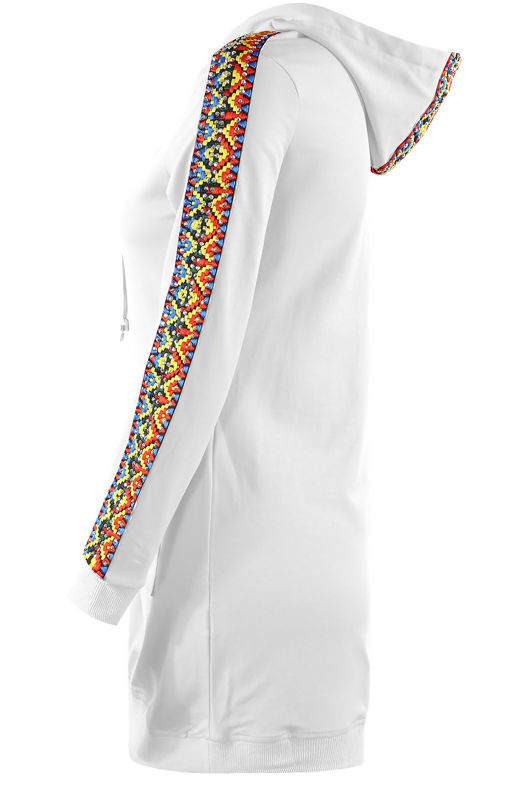 Cream Knitted Lace Trim Sleeves Hooded Dress