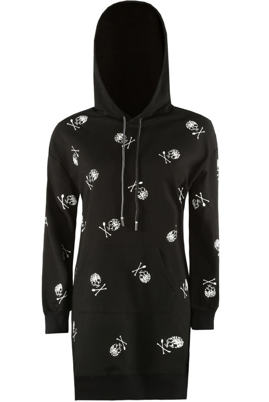Black Longline Hoodie With Skull Print