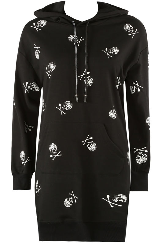 Black Longline Hoodie With Skull Print
