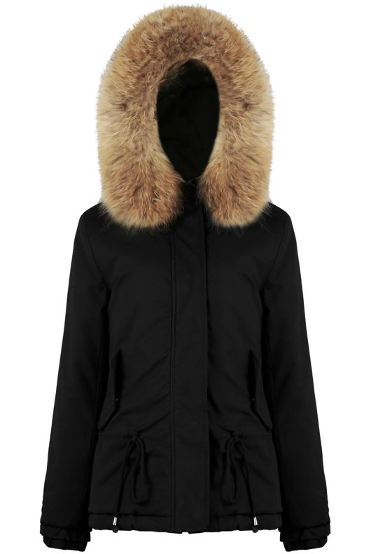  Black Waist Tie Fur Hood Parka Jacket