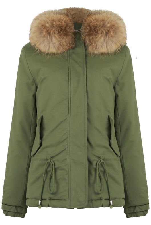 Khaki Waist Tie Fur Hood Parka Jacket