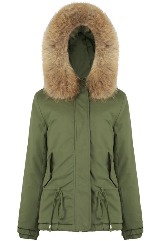  Khaki Waist Tie Fur Hood Parka Jacket