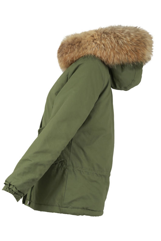  Khaki Waist Tie Fur Hood Parka Jacket