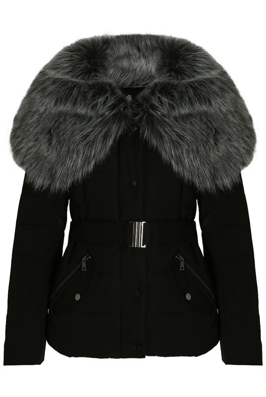Black Quilted Jacket with Heavy Fur Collar