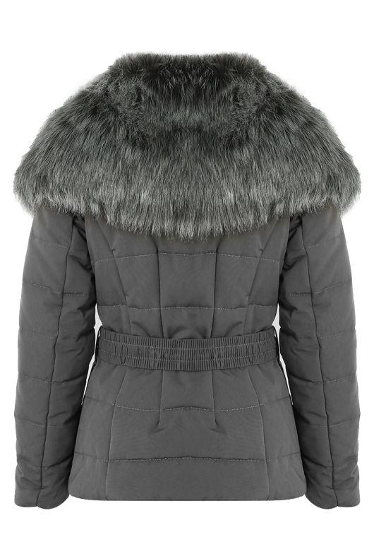 Grey Quilted Jacket with Heavy Fur Collar 