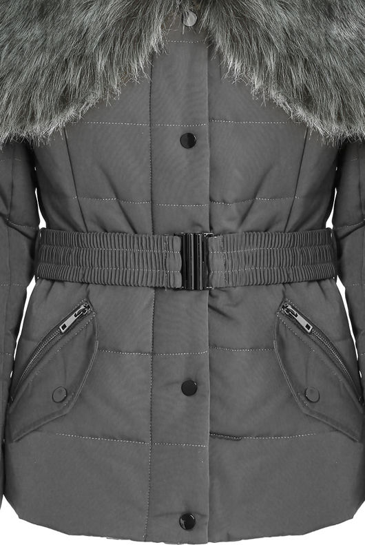Grey Quilted Jacket with Heavy Fur Collar 