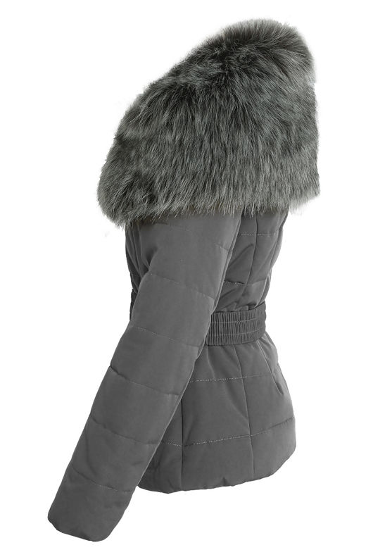 Grey Quilted Jacket with Heavy Fur Collar 